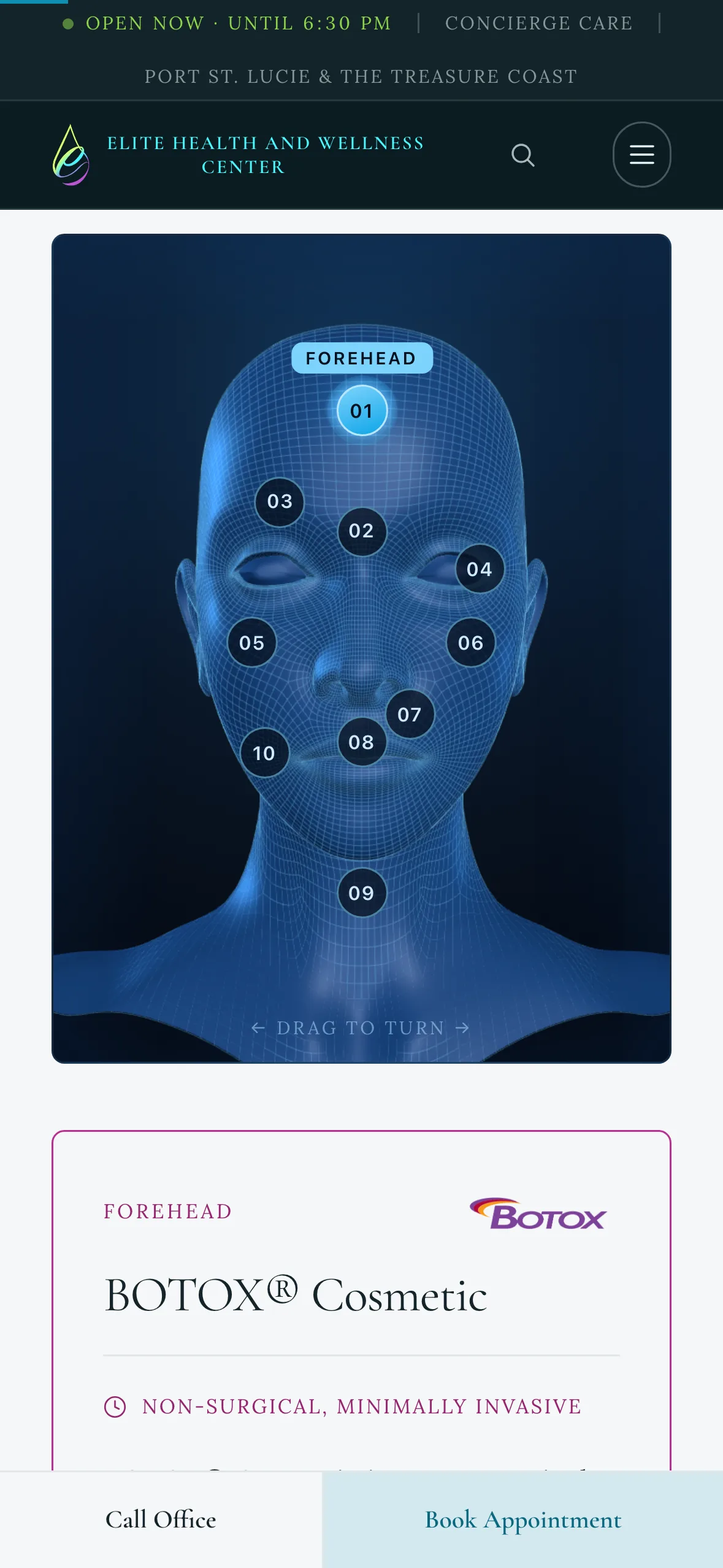 The interactive 3D face map on the facial aesthetics page, ten numbered treatment zones on a wireframe head, on an iPhone